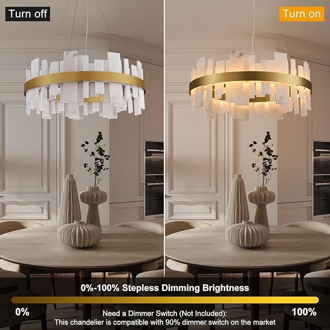 Alabaster Round Chandelier, 32 Inch Natural Spanish Marble Stone Texture Chandeliers, Dimmable Dining Room Chandelier over Table, Modern Luxury Lighting for Living Room, Bedroom, Entryway, Foyer