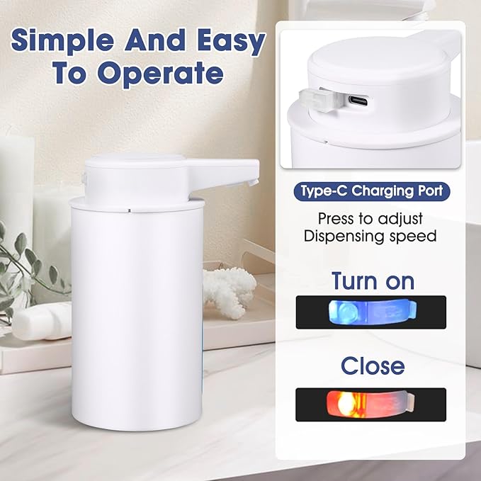 2 Pack Automatic Foaming Soap Dispenser, 13.5oz Touchless Electric Hand Soap Dispenser, Rechargeable Foam Pump for Bathroom Countertop, Kids & Family Use (White)