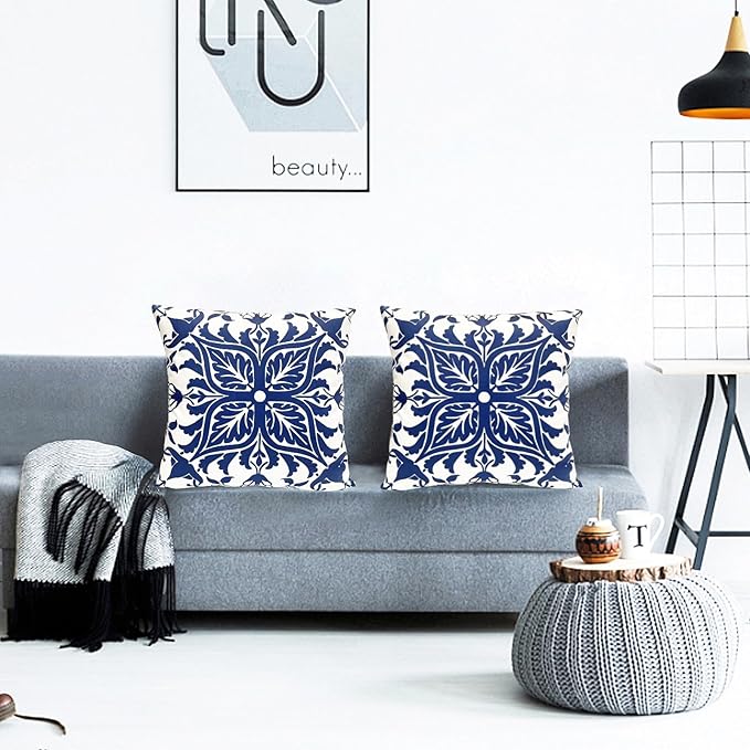 Decorative Throw Pillow Covers Set of 2 Blue Pillow Covers 18x18 inch Short Plush Floral Flower Throw Pillows,Farmhouse Cushion Covers Outdoor Pillow Covers for Couch Sofa Bed Living Room