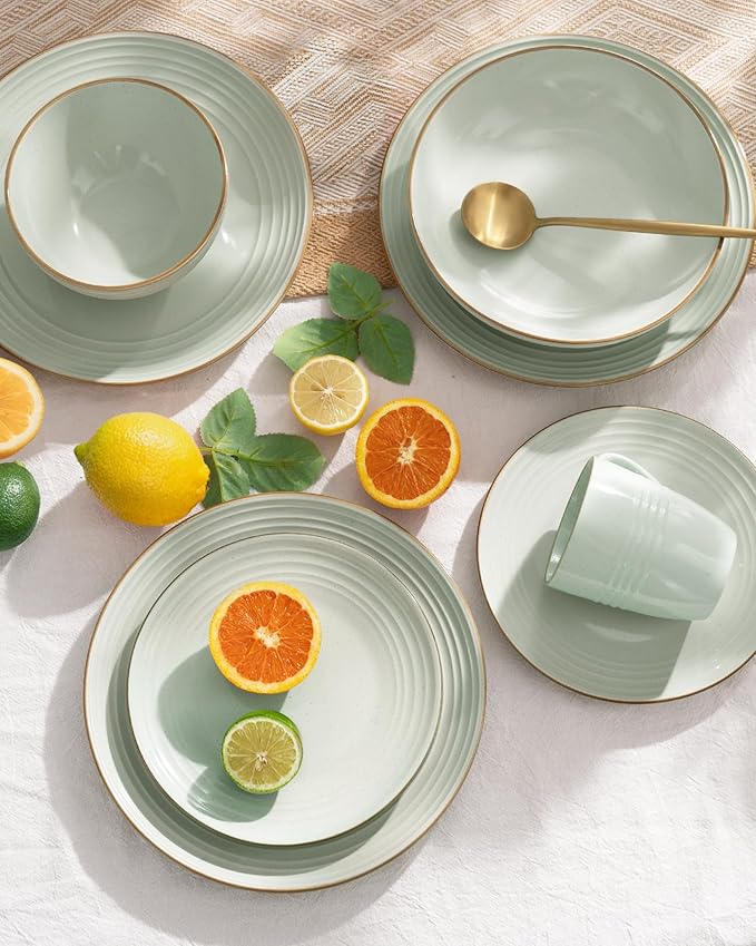 Famiware Jupiter Dinnerware Set, Plates and Bowls Dish Sets for 4 (12 Pieces), Microwave and Dishwasher Safe Stoneware Speckled Tableware, Chip and Scratch Resistant, Light Green