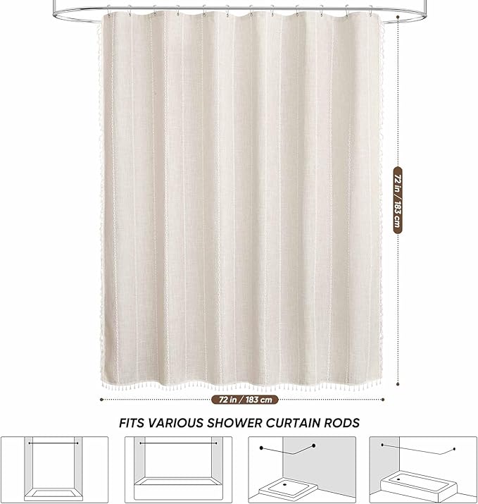 WELTRXE Boho Shower Curtain, Modern Farmhouse Shower Curtain Set with Tassels, Rustic Bathroom Decor, Heavy Duty Fabric Water Repellent with Hook, Beige/Cream, 72x72 Inches