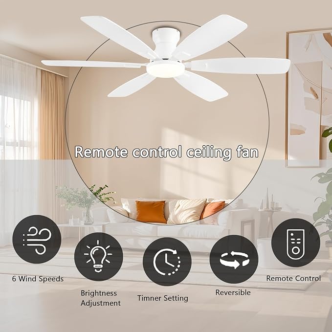 Ceiling Fans with Lights, 52 Inch Low Profile Ceiling Fan with Light and Remote Control, Flush Mount, Reversible, 3CCT, Dimmable, Quiet, White Ceiling Fan for Bedroom Indoor/Outdoor Use