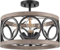 Kira Home Larkin 15" 3-Light Modern Farmhouse Semi-Flush Mount Ceiling Light, Metal Drum Shade, Weathered Ash Wood Finish + Black Finish