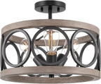 Kira Home Larkin 15" 3-Light Modern Farmhouse Semi-Flush Mount Ceiling Light, Metal Drum Shade, Weathered Ash Wood Finish + Black Finish