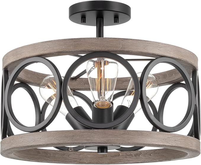 Kira Home Larkin 15" 3-Light Modern Farmhouse Semi-Flush Mount Ceiling Light, Metal Drum Shade, Weathered Ash Wood Finish + Black Finish