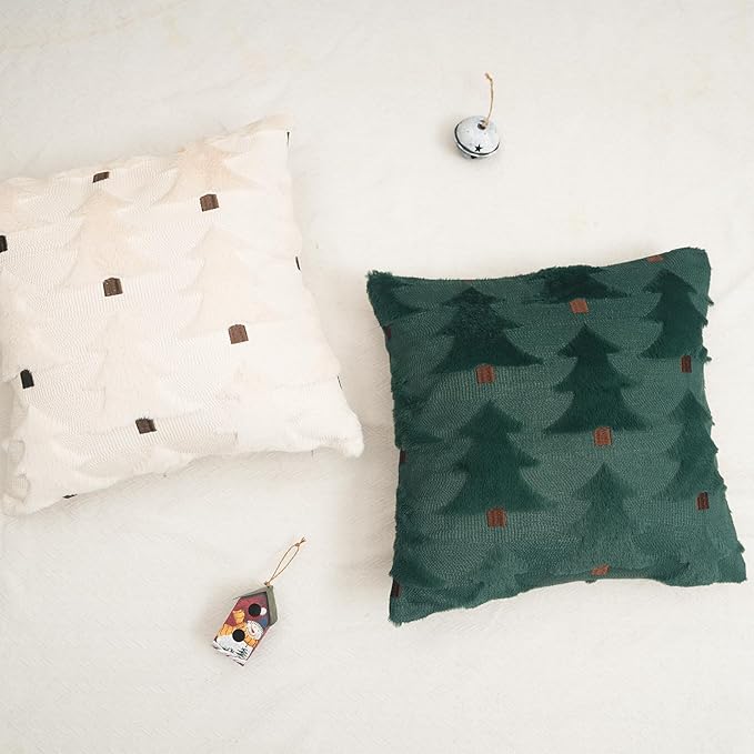 GEEORY Christmas Pillow Covers 20x20 Inch Set of 2, Christmas Decorations Xmas Tree Soft Plush Fluffy Faux Fur Decorative Throw Pillows Farmhouse Winter Cushion Case Beige Brown GC034-20