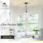 Extra Large 16" Vintage Farmhouse Pendant Light – Hand-Blown Clear Hammered Glass Shade, Adjustable Chain, Hanging Light for Kitchen Island, Dining Room, Hallway, Black Finish