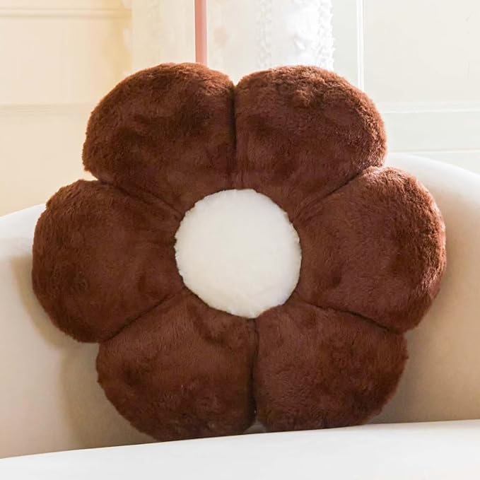 Brown Flower Plus Plush Throw Pillow with Faux Rabbit Fur, 19.6" Soft Decorative Flower-Shaped Floor Pillow for Bedroom Living Room