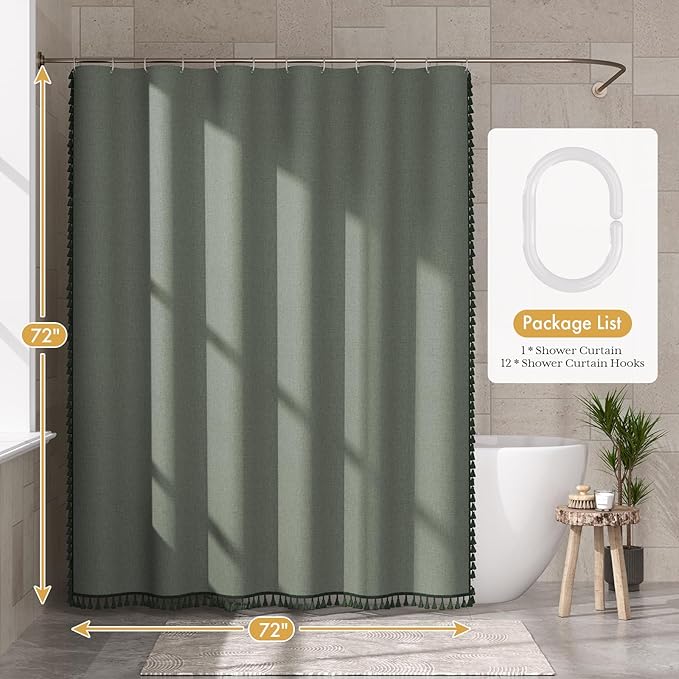 AmazerBath Farmhouse Shower Curtain, Sage Green Linen Shower Curtain with 3 Side Green Tassel, Boho Shower Curtain Set with 12 Upgraded Hooks for Neutral Country Bathroom, 72x72 Inches
