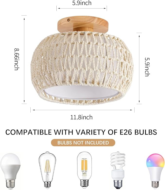Boho Rattan Ceiling Light Fixture - 3 Style Options Wicker Semi Flush Mount Ceiling Lights,White Coastal Light Fixtures,Bohemian Woven Basket Chandelier for Hallway Bedroom Nursery Kitchen Laundry