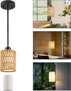 Pendant Light Boho Hanging Lamp, Rattan Hanging Lights with 2 in 1 Linen & Woven Shade, Ceiling Light Fixtures for Kitchen Island, Dining Room, Farmhouse, Bedroom (1 Pack)
