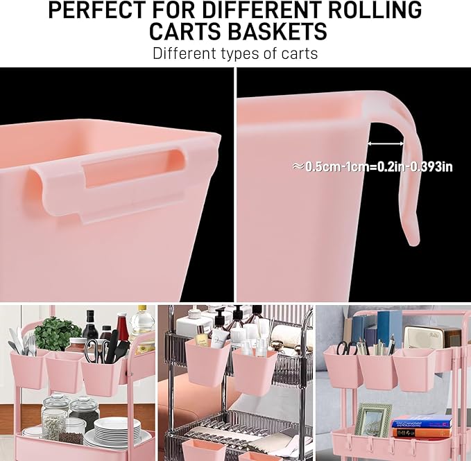 5 Pack Hanging Cup Holders, Multipurpose Rolling Cart Accessories Utility Cart Accessories For Art Craft Supplies, Space Saving Hanging Storage Basket Pencil Holder Makeup Organizers (Pink)
