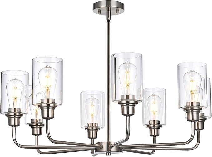 8-Light Brushed Nickel Chandelier with Clear Glass Shades, E26 Base Modern Pendant Light Fixture, Adjustable Swivel Heads Ceiling Lighting, Farmhouse Chandelier for Dining Room Kitchen Hallway