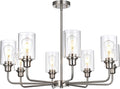 8-Light Brushed Nickel Chandelier with Clear Glass Shades, E26 Base Modern Pendant Light Fixture, Adjustable Swivel Heads Ceiling Lighting, Farmhouse Chandelier for Dining Room Kitchen Hallway