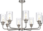 8-Light Brushed Nickel Chandelier with Clear Glass Shades, E26 Base Modern Pendant Light Fixture, Adjustable Swivel Heads Ceiling Lighting, Farmhouse Chandelier for Dining Room Kitchen Hallway