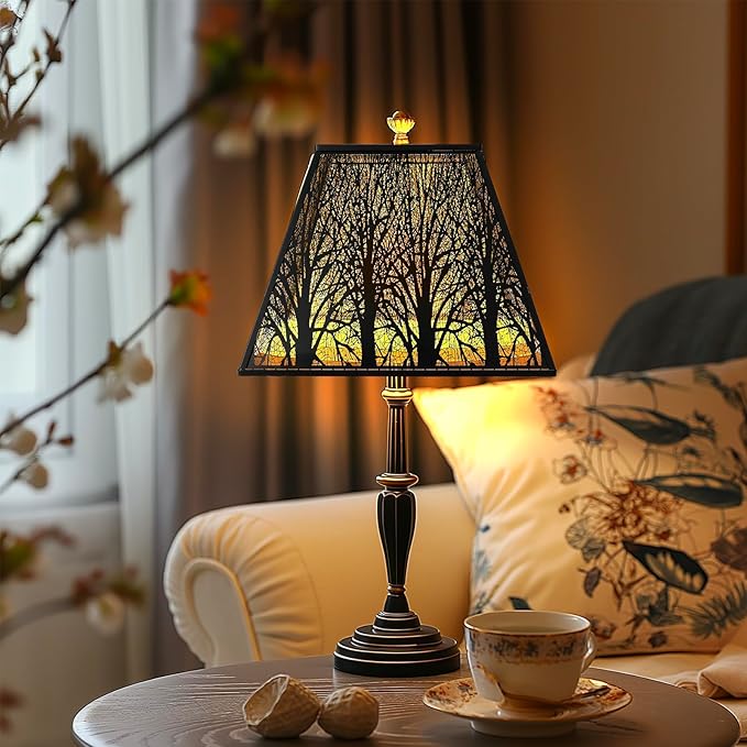 Large Metal Lampshade New Pyramid Shape Design 8'' Top 14'' Bottom 11'' Height ALUCSET Square Bell Shade Lamp Shade Forest Design Black and Gold fits for Table Lamps and Floor Lamps
