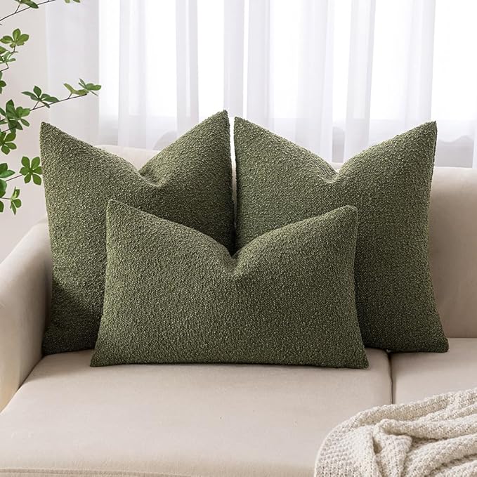 MIULEE 12x20 Inch Decorative Lumbar Throw Pillows for Bed Set of 2 Textured Boucle Neutral Winter Throw Pillow Covers Olive Green Accent Solid Pillowcases Sofa Livingroom Home Decor