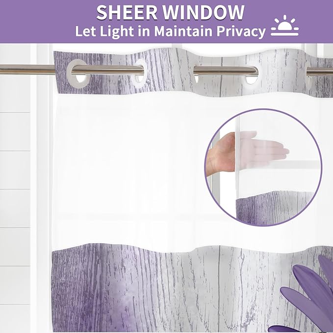 Muuyi Purple Watercolor Floral Shower Curtain,No Hook Shower Curtain,Polyester Shower Curtains with Snap in Fabric,Sheer Top Window for Bathroom Decor,Waterproof & Washable,72W x 75L Inch