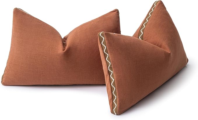 Decorative Neutral Linen Throw Pillow Covers 12x20 Inch Set of 2, Burnt Orange Boho Farmhouse Pillow Covers with Braid Fringe for Sofa Bed Modern Couch Pillow Cases for Organic Home Decor