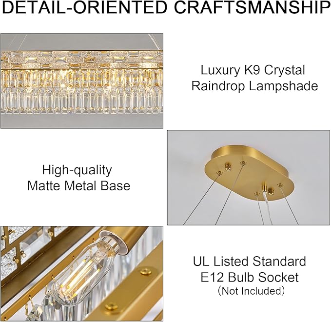 Crystal Chandeliers, 49.2" 18-Light Rectangular Chandelier for Dining Room, Gold Chandelier for Kitchen, Modern Large Chandeliers, Dining Room Light Fixture Island Lights Dimmable