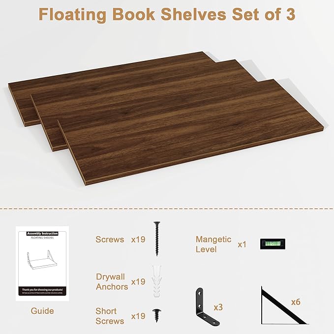 Fun Memories Floating Bookshelves, Set of 3 Wall-Mounted Wood Shelves 24" W x 8" D, Decorative Wall Shelf for Living Room, Bedroom, Bathroom, and Laundry Room (Walnut)