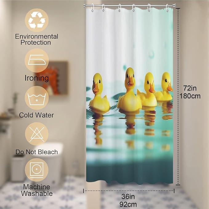 Funny Yellow Squeak Duck Cute Bird Bathroom Bathtubs Fabric Shower Curtain Kids Shower Curtain Set with 6 Hooks 36x72 inch Polyester Machine Washable, Yellow and Blue