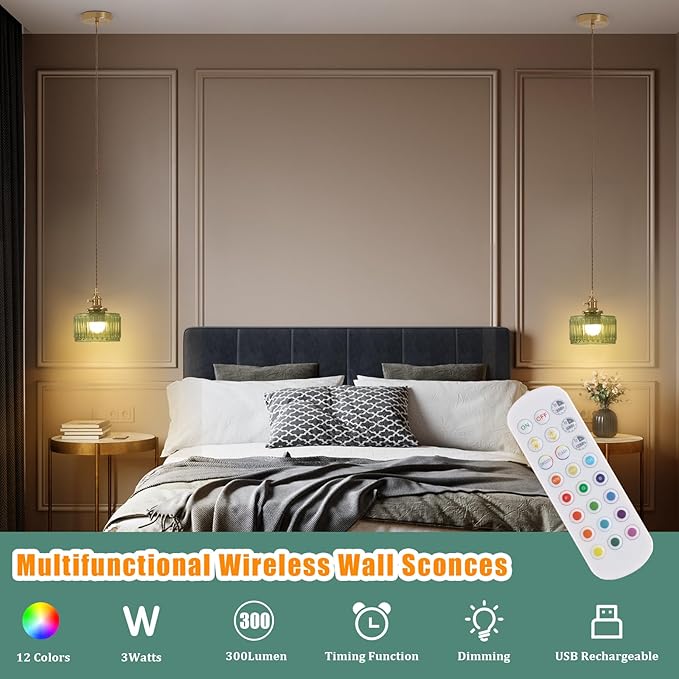 Battery Operated Pendant Light 5000mAh Rechargeable Chandelier with Remote Control Wireless Adjustable Hanging Green Striped Light for Kitchen Island Dining Room Hallway, 2 Pack