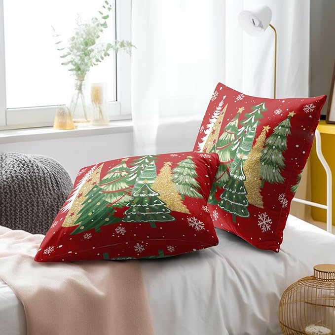 Christmas Red Throw Pillow Covers 16x16, Set of 2 Gold Green Xmas Trees Snowflakes Decorative Pillow Cases Square Cushion Cover for Couch Sofa Bed Farmhouse Holiday Decoration