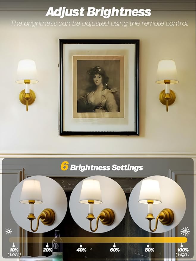 Battery Operated Wall Sconces Set of 2,Vintage Brass Gold Fabric Sconce Light with Linen Cloth Shade Dimmable Rechargeable Cordless Wall Mounted Lamp for Bedroom Living Room Hallway