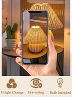 Mini Boho Lamp Rattan Lamps,3 Colors Modes Vintage Wicker Light,Small Table Lights for Bedroom Living Room Home Office Art Decor,7W E26 Bulb Included