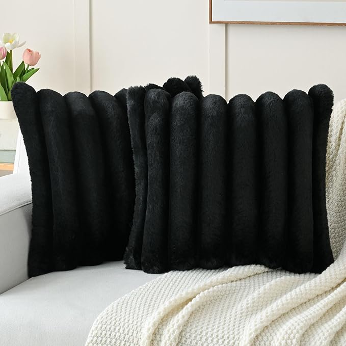 FUTEI Black Decorative Throw Pillow Covers 16x16 Inch Set of 2, Square Soft Faux Rabbit Fur Big Striped Cushion Cover,Home Decor for Couch Sofa Bed Living Room