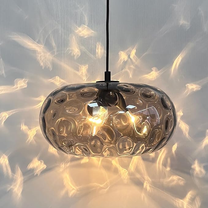 Large Glass Pendant Lighting, 14" Hammered Lampshade Hanging Lamp, 3-Light Matte Black Chandelier for Dining Living Room Kitchen Island (Smoked Grey Glass Shade, 14 Inches)