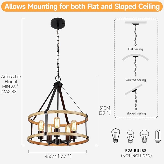 5-Light Farmhouse Chandelier, 17.7 Inch Rustic Black and Vintage Wood Finish Chandeliers for Dining Room Light Fixture, Adjustable Height Hanging Light for Kitchen Island, Entryway, Living Room