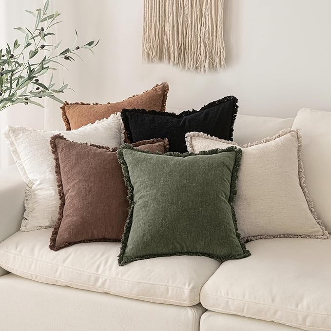 MIULEE Decorative Throw Pillow Covers Neutral Linen Fringe Throw Pillows Euro Shams Set of 2 Black Boho Farmhouse Cushion Covers for Couch Sofa Bed Living Room Spring Home Decor 26x26 Inch