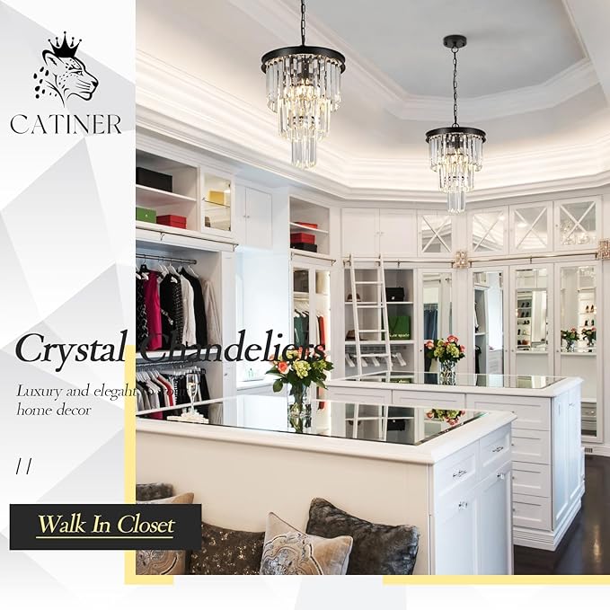 Black Crystal Pendant Light for Kitchen Island,Mini Crystal Chandeliers Modern for Dining Room,3 Tiers K9 Ceiling Pendant Light Fixture for Hallway Bedroom Closet