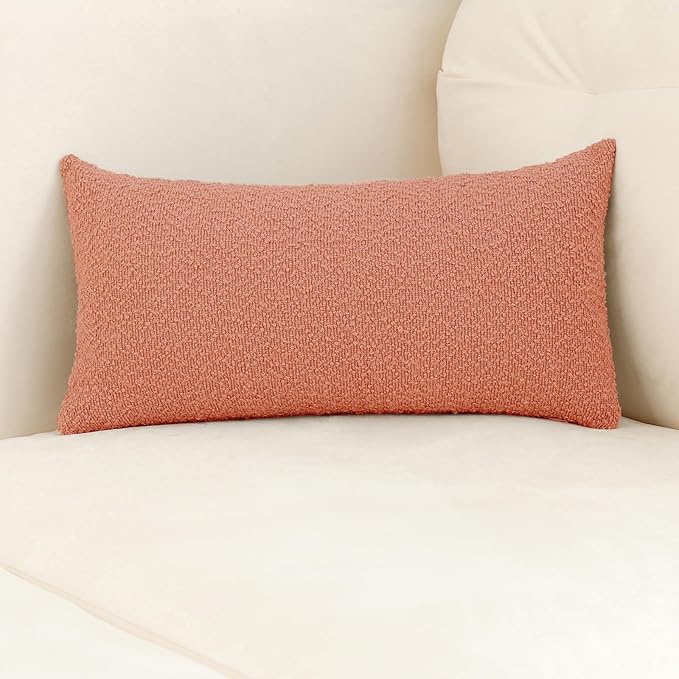 Jeneoo Coral Pink Decorative Long Lumbar Thick Throw Pillow Covers Fine Textured Boucle Couch Cushion Cases for Sofa Decor, Set of 1, 14 x 36 Inch