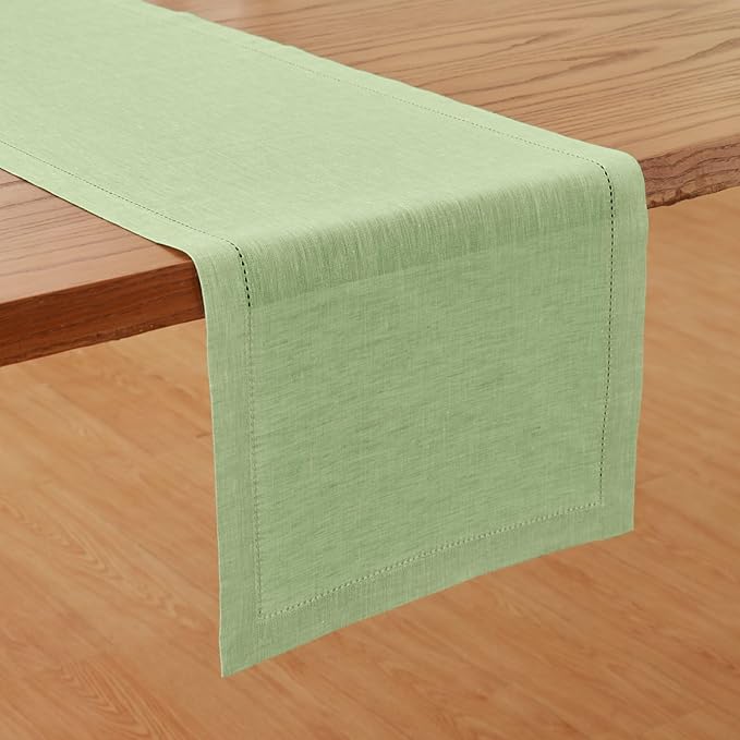 Solino Home Linen Table Runner 108 Inches Long - Milan Hemstitch 100% Pure Linen Pistachio Dining Table Runner 14 x 108 Inch - Holiday