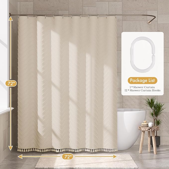 AmazerBath Boho Farmhouse Shower Curtain with Tassels, Beige Shower Curtain Set Fabric, Soft Cloth Chevron Rustic Shower Curtain with Hooks, Hotel Quality, 72x72 Inches