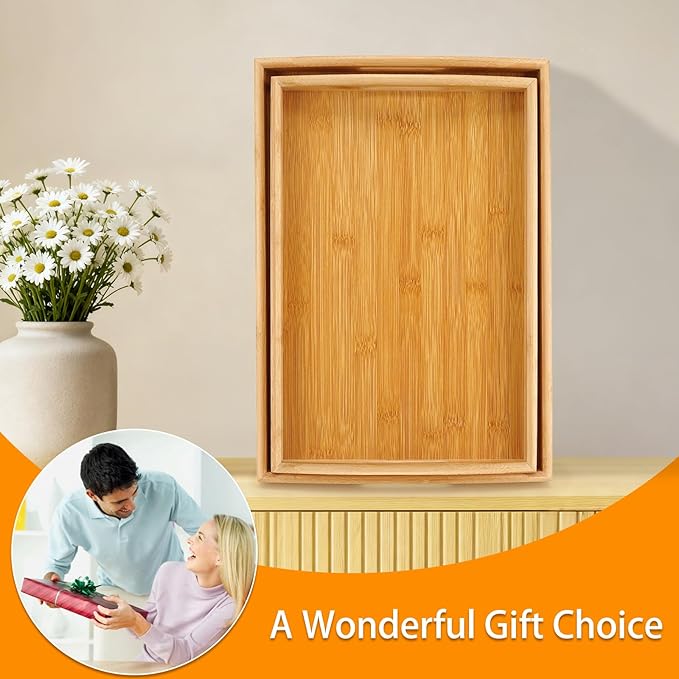 2 Pack Bamboo Serving Tray with Handles, Portable Bed Tray for Breakfast Dinner, Eating Trays for Living Room,Restaurants