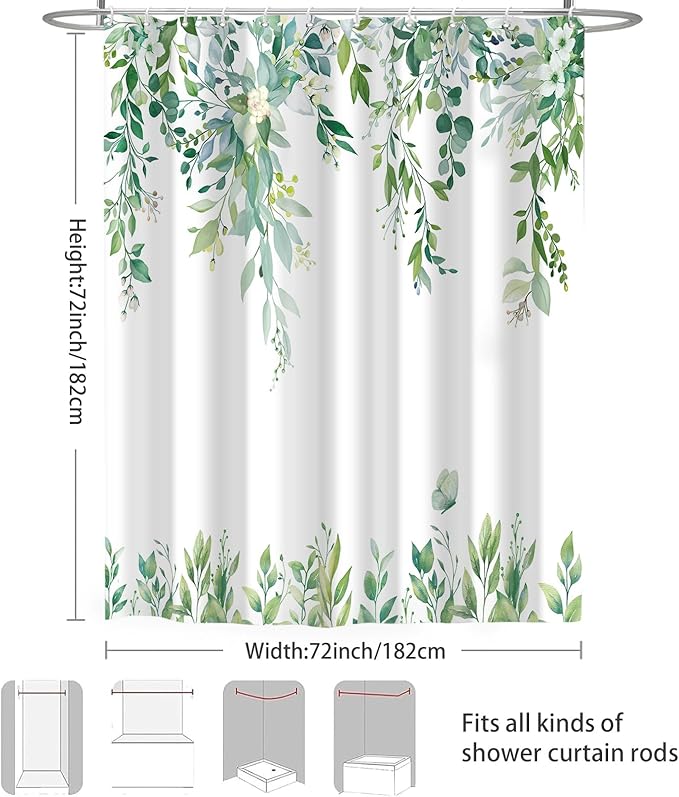 Eucalyptus Shower Curtain, Light Green Watercolor Leaves with Floral Botanical Bathroom Decor, Waterproof Fabric Bath Curtain Set with Hooks, 72x72 Inches