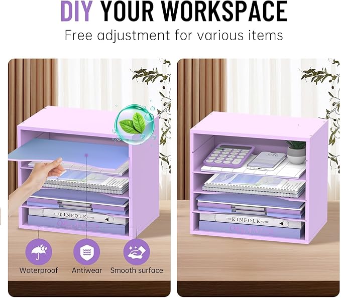 5-Tier Wood Desk Organizer, Paper Tray Organizer for Desk with Adjustable Storage Shelves, Desktop Paper Sorter Mail Holder for Office Home Classroom, Purple