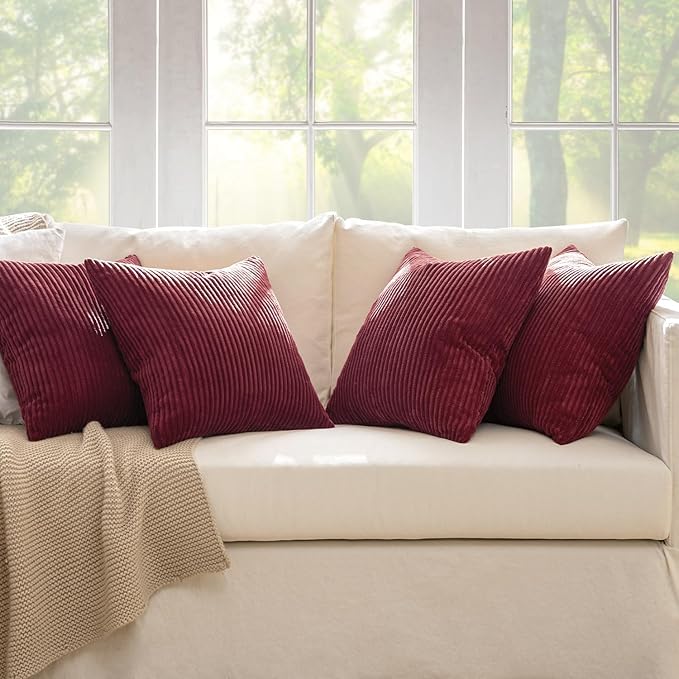 MIULEE Boho Farmhouse Throw Pillow Covers 16x16 Inch Set of 4 Mordern Nordic Cushion Covers Soft Corduroy Christmas Home Decor for Couch Bed Sofa Living Room Burgundy