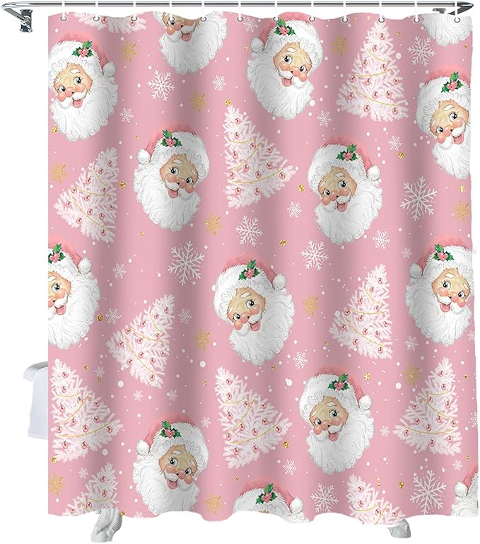 Pink Christmas Shower Curtain, Santa Claus Merry Christmas Tree Shower Curtains Set with Hooks, Winter Snowflake Waterproof Fabric Bathroom Curtains Decor Home Accessories, Stall Long 54 X 78 Inch