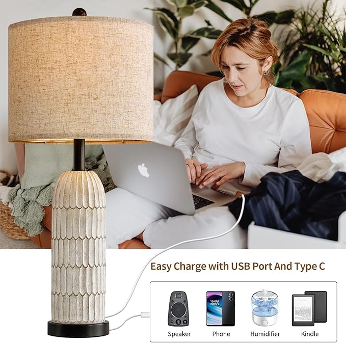 OYEARS 26.5" Table Lamps Set of 2 - Bedside Lamp with USB A+C Charging Ports,Rustic,Perfect for Nightstands and Bedrooms,Black