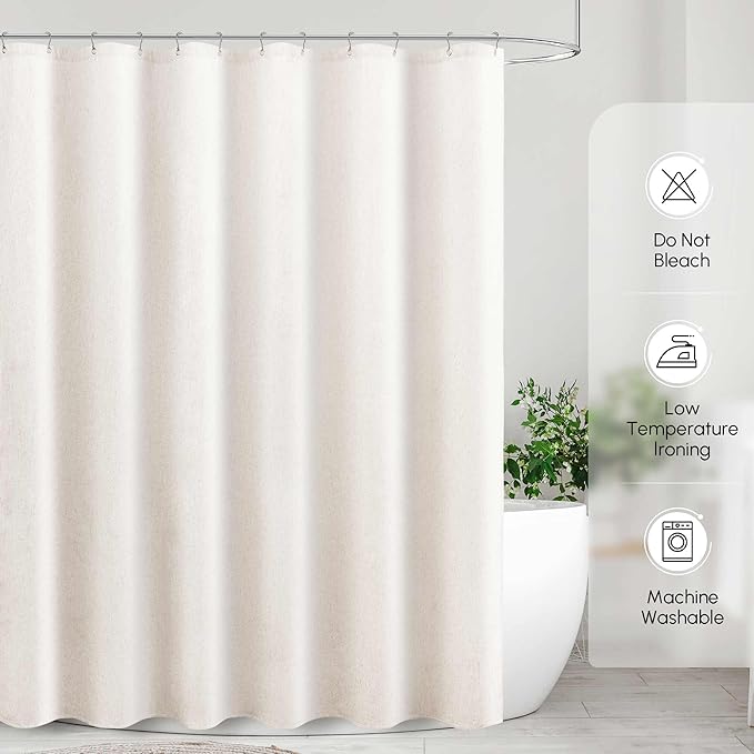 WELTRXE Linen Shower Curtain, Fabric Shower Curtain Set, Rustic Bathroom Decor, Heavy Duty Fabric Water Repellent with 12 Rust-Proof Metal Hooks, for Bathroom Hotel Bathtub, Beige, 72x72 Inch