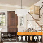 Linen Drum Pendant Light, 18” Double Drum Dining Room Light Fixture with Linen Lampshade, 3-Light Drum Chandeliers for Dining Room E26 Bulb Base