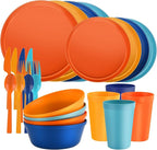 20 Piece Stackable Dinnerware Set for Small Kitchens, Modern Minimalist Plates & Flat Bottom Bowls (Pasta/Salad), Unbreakable & Microwave Safe, Fiesta