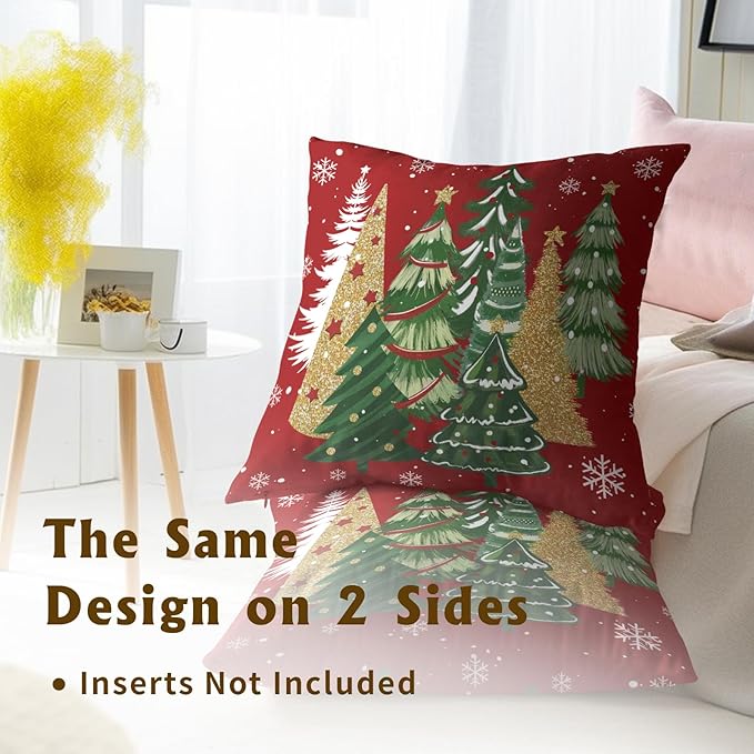 Christmas Red Throw Pillow Covers 16x16, Set of 2 Gold Green Xmas Trees Snowflakes Decorative Pillow Cases Square Cushion Cover for Couch Sofa Bed Farmhouse Holiday Decoration
