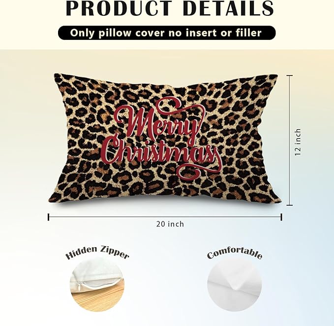 JINYO Leopard Print Merry Christmas Pillow Covers 12x20, Leopard Christmas Home Decor, Trendy Xmas Cheetah Holiday Lumbar Pillow Covers for Home Living Room Bedroom Sofa Couch