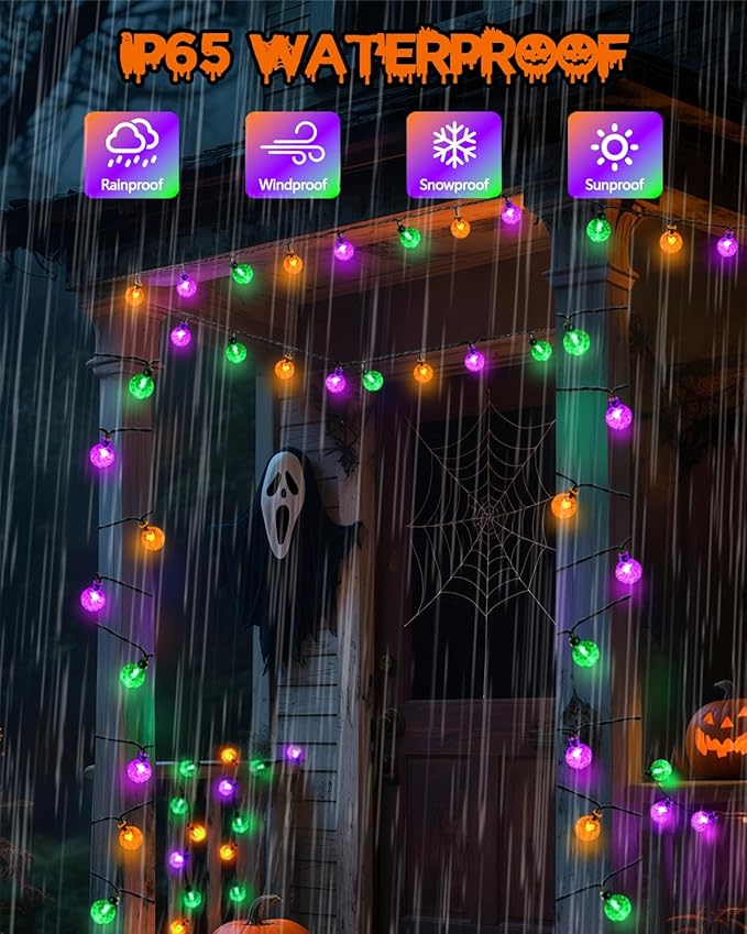 2-Pack 100 LED Purple Orange and Green Solar Halloween Lights Outdoor - 64FT Crystal Globe Waterproof Solar String Lights with 8 Lighting Modes for Halloween Decorations, Garden, Patio, Party, Porch